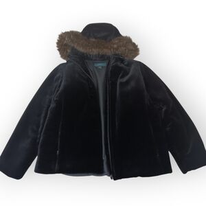 Lauren Ralph Lauren Black Velvet Jacket with Brown Faux Fur Hood